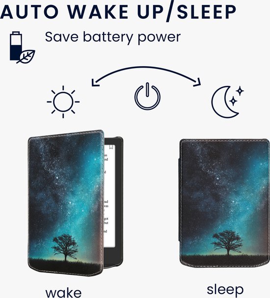 kwmobile e-reader hoesje geschikt voor Pocketbook Verse / Verse Lite / Verse Pro / Color / Vivlio Light/Light HD hoes - E reader flip case met magnetische sluiting - Ereader cover - Sterrenstelsel en Boom design in blauw / grijs / zwart van Merkloos — afbeelding 5