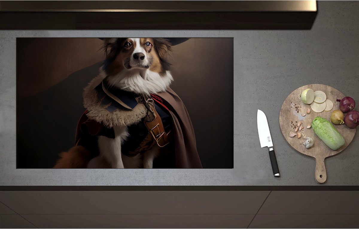 Inductieplaat Beschermer - Bruin met Zwarte Hond Verkleerd in Historisch Piraten Pak - 90x55 cm - 2 mm Dik - Inductie Beschermer - Bescherming Inductiekookplaat - Kookplaat Beschermer van Wit Vinyl