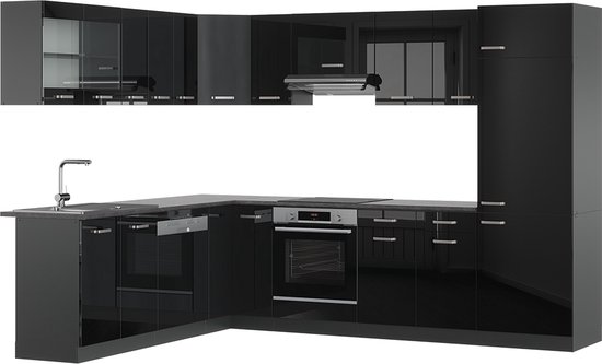 Vicco Cuisine d'angle R- Line, Noir brillant/anthracite/Anthracite, 227 x 60 cm sans plan de travail