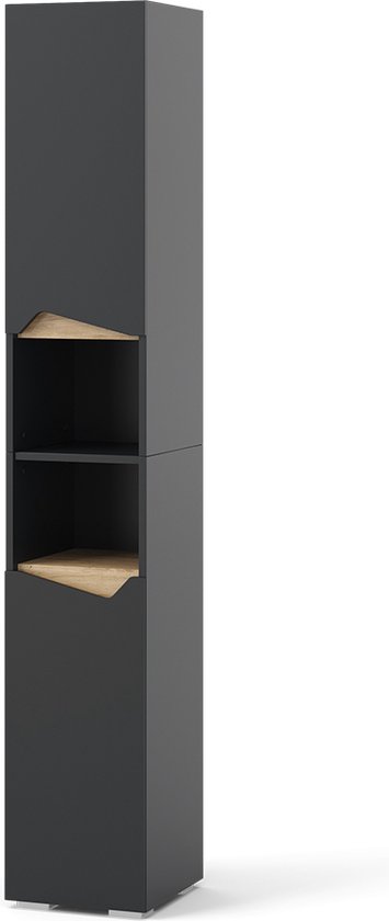 Hoge, smalle antraciet badkamerkast met schuine houten open vakken.