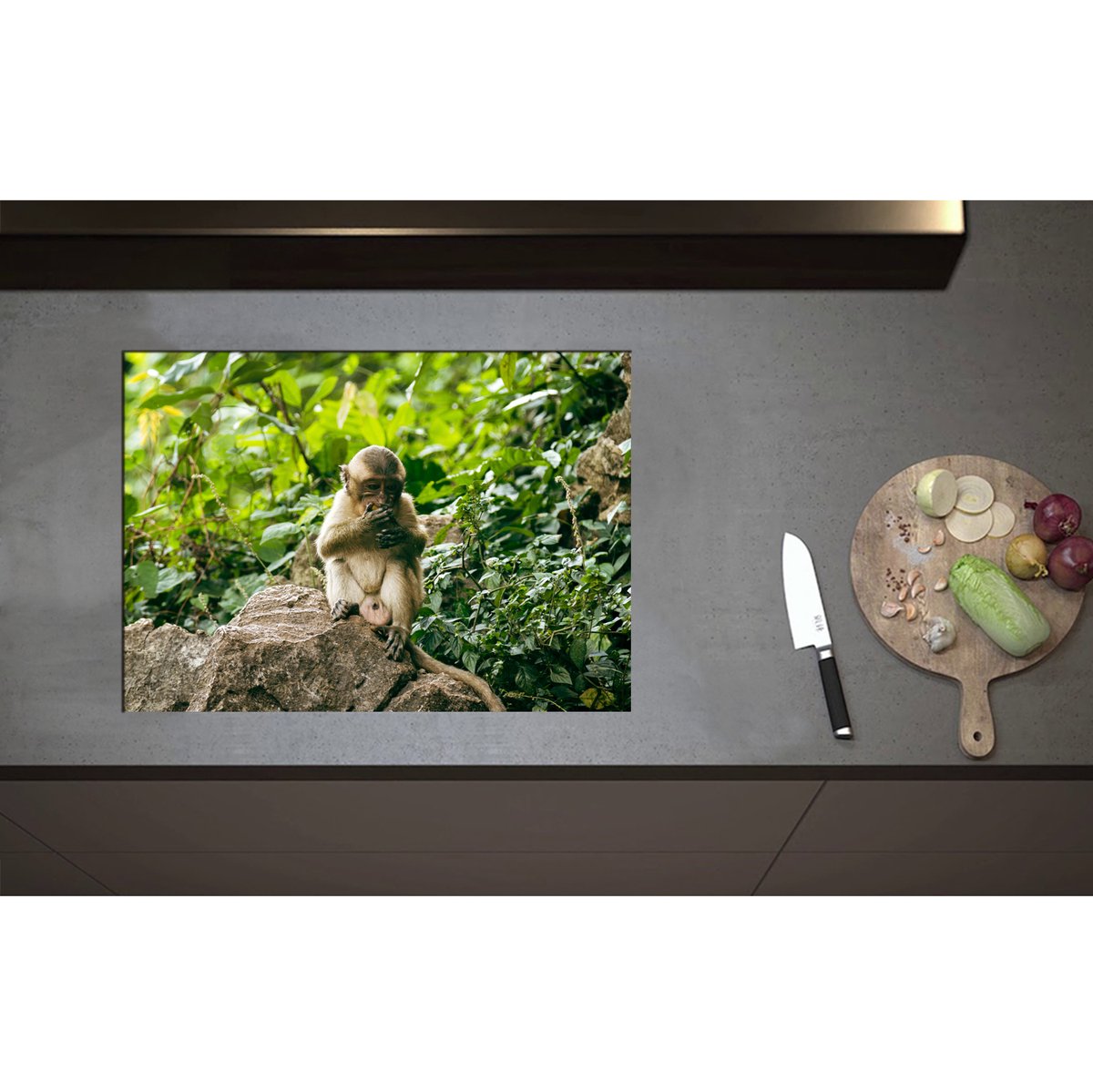 Inductieplaat Beschermer - Bruine Makaak Aap op Rots in Groene Omgeving - 70x50 cm - 2 mm Dik - Inductie Beschermer - Bescherming Inductiekookplaat - Kookplaat Beschermer van Zwart Vinyl
