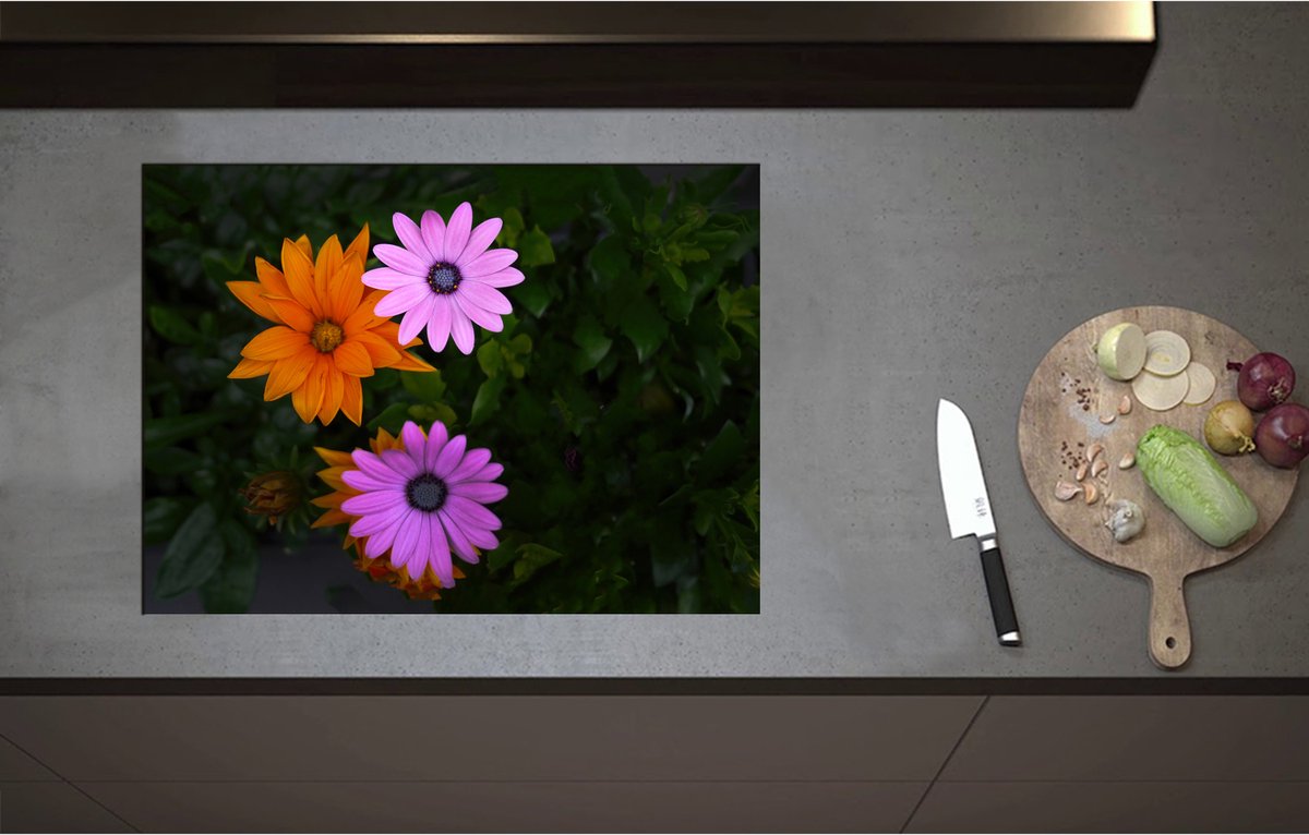 Inductieplaat Beschermer - Bovenaanzicht van Roze en Oranje Spaanse Margietjes Bloemen in de Struiken - 71x52 cm - 2 mm Dik - Inductie Beschermer - Bescherming Inductiekookplaat - Kookplaat Beschermer van Zwart Vinyl