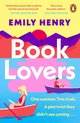 Boek Lovers' kaft met Emily Henry, paarse bergen, rode en roze boten met mensen die roeien.