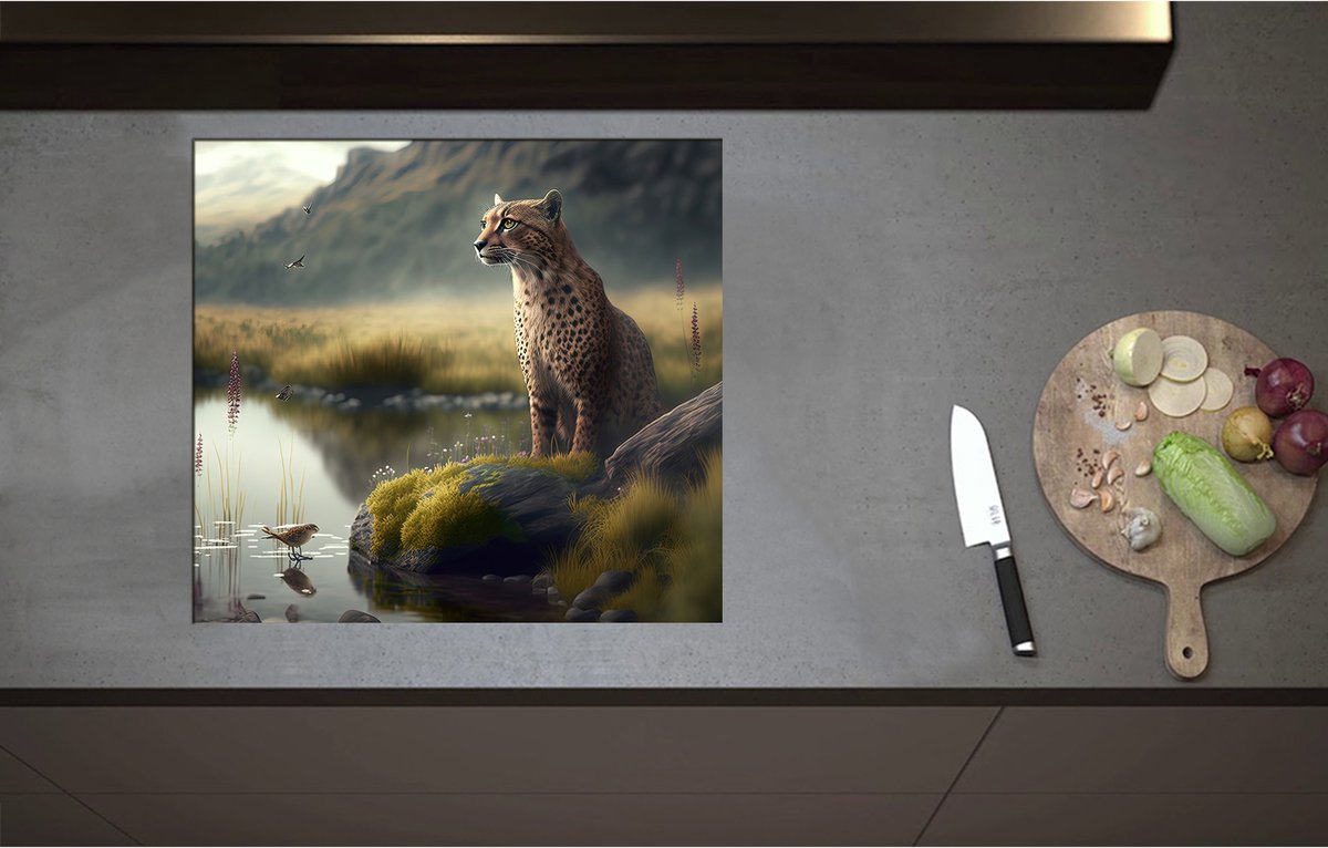 Inductieplaat Beschermer - Cheetah op Rots langs Rivier door Natuurgebied - 60x55 cm - 2 mm Dik - Inductie Beschermer - Bescherming Inductiekookplaat - Kookplaat Beschermer van Wit Vinyl