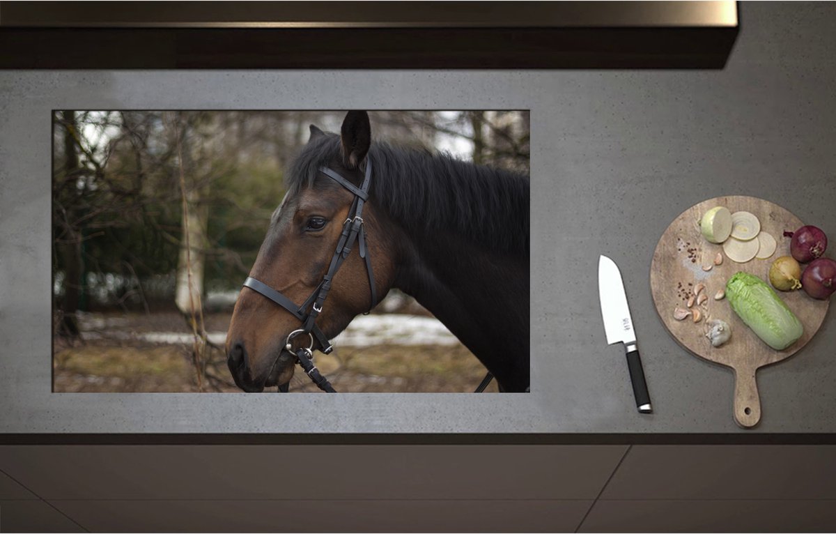 Inductieplaat Beschermer - Bruin paard met halster om buiten - 85x51 cm - 2 mm Dik - Inductie Beschermer - Bescherming Inductiekookplaat - Kookplaat Beschermer van Zwart Vinyl