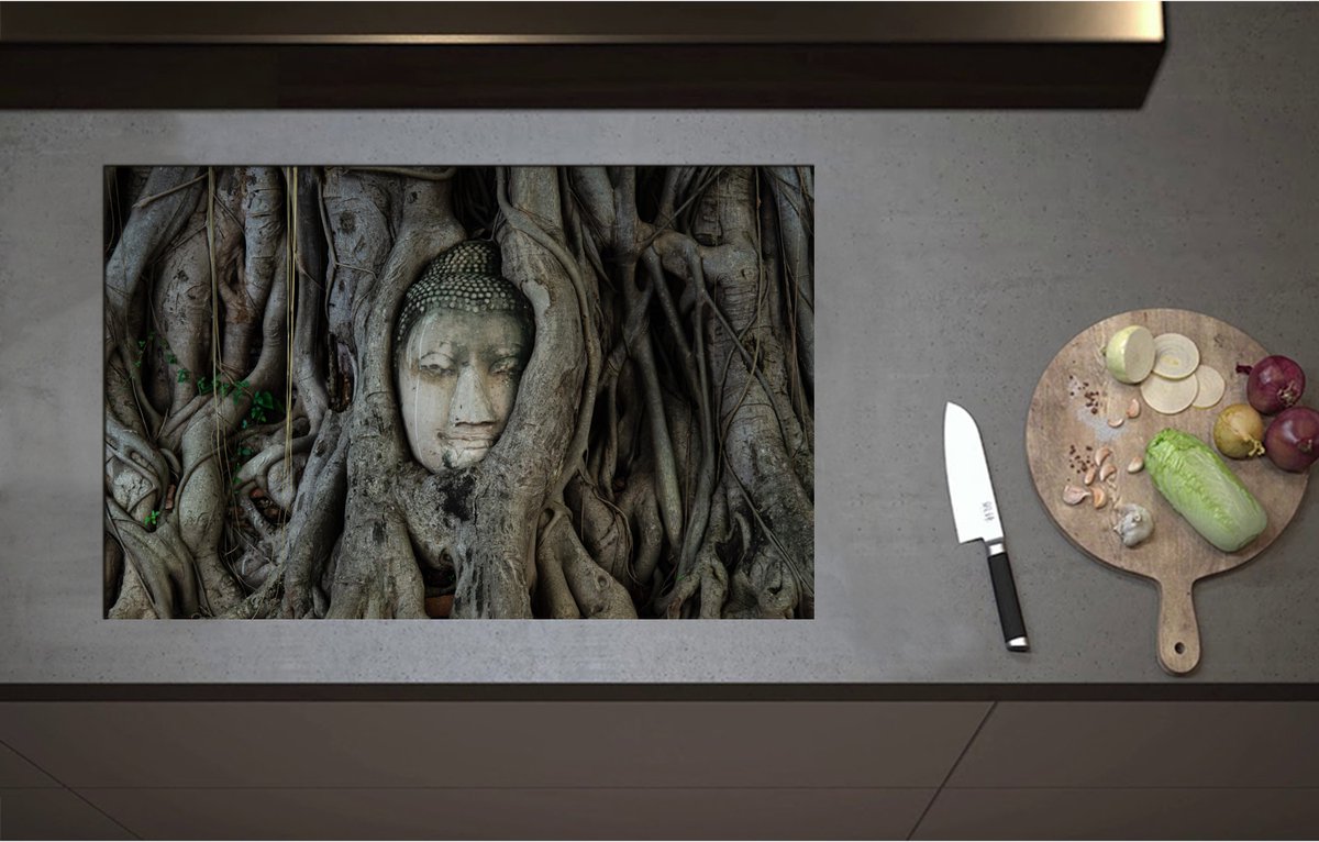 Inductieplaat Beschermer - Budha tussen Bomen - 80x52 cm - 2 mm Dik - Inductie Beschermer - Bescherming Inductiekookplaat - Kookplaat Beschermer van Zwart Vinyl