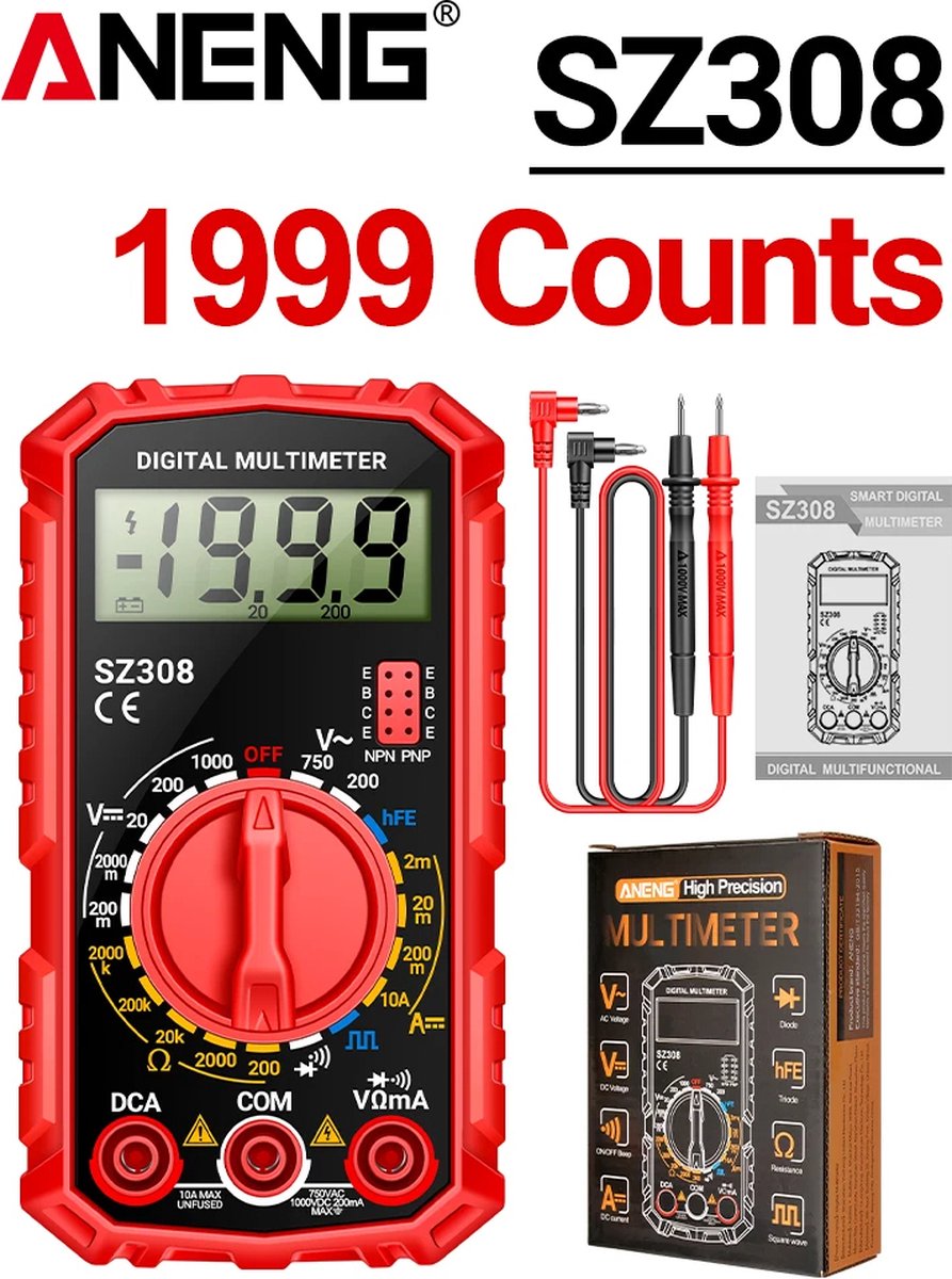 Aneng SZ308 Digitale Multimeter - 1999 Tellingen - AC/DC Spanning & Stroom - Rood