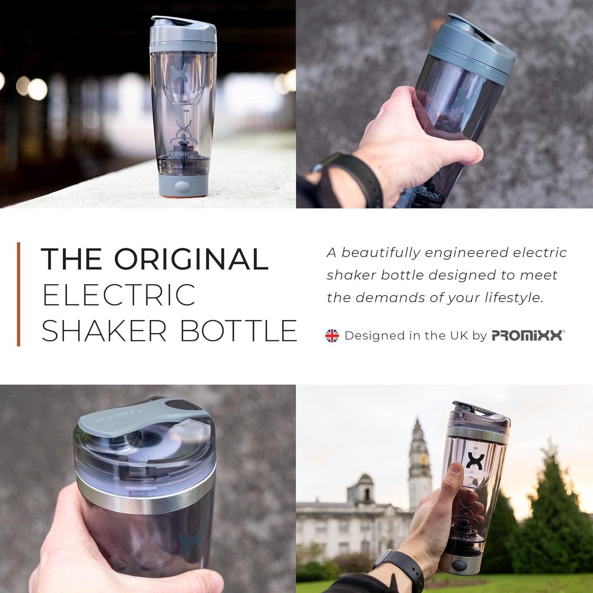 Goedkoopste Oplaadbare PROMiXX Pro Shaker Bottle - Krachtig voor gladde proteïne Shakes - inclusief supplementopslag - BPA vrij 600ml beker - Grafiet Grijs