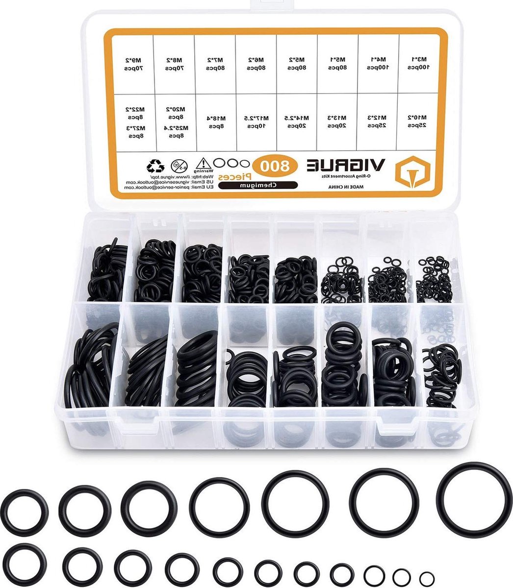 Afdichtringen set van 800 stuks - O-ringen assortiment nitrilrubber - 18 verschillende assortimenten - diameter 3-27 mm - rubberen ringen - reparatie - afdichting