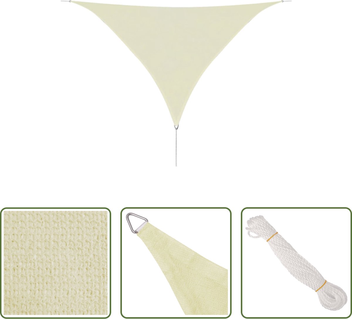 Cream-colored triangular HDPE sunshade sail measuring 5x5x5 meters, ideal for providing shade in gardens and outdoor spaces.