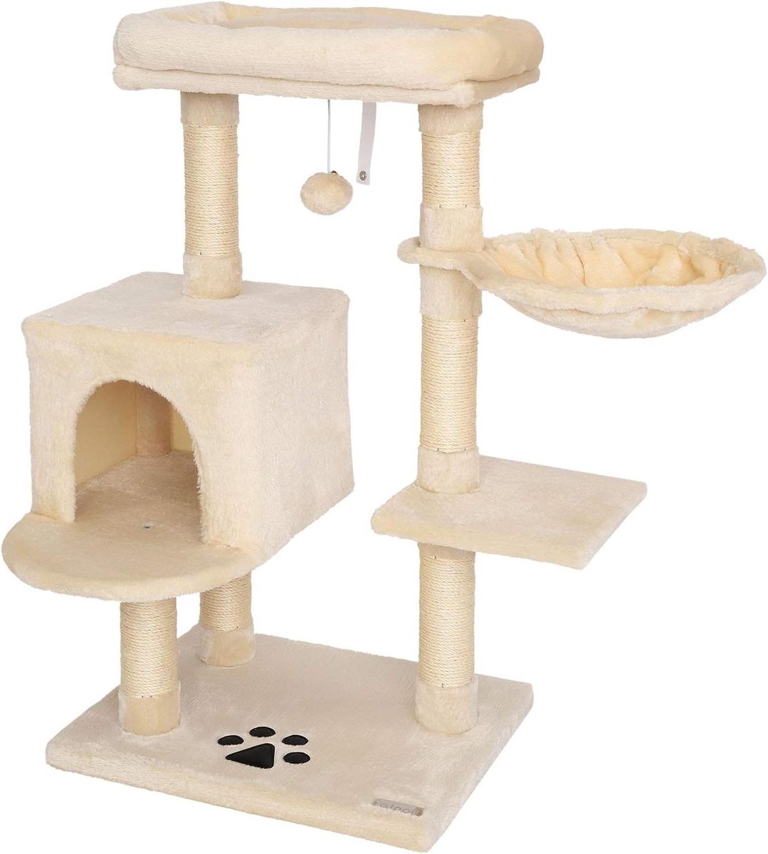 Krabpaal met pluche bal – wandbevestiging – 93 cm hoog – kattenboom sisal – comfortabele ligplek – grotten – kleine grote katten – beige