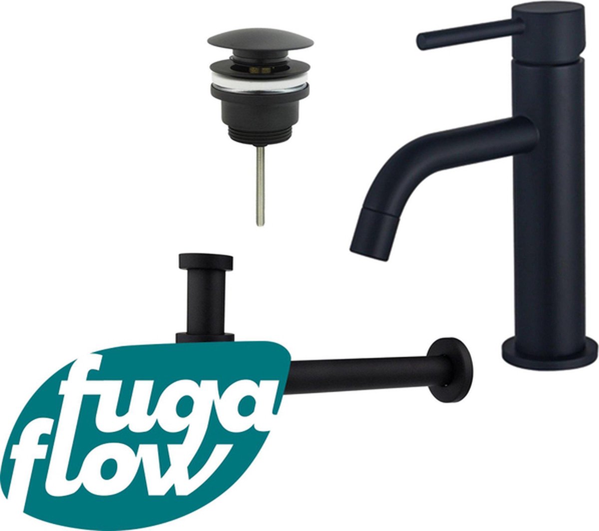 FugaFlow Eccelente Sobrado Badkamer Slim Wastafelkraanset lage wastafelkraan klikwaste plug verlaagde design sifon Mat zwart