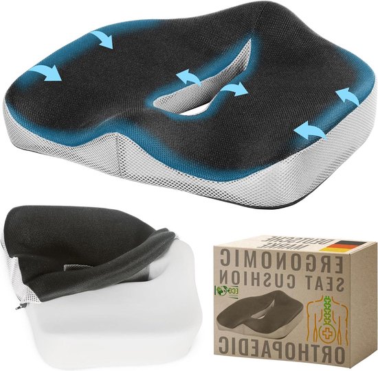 Juspota Orthopedisch zitkussen, ergonomisch zitkussen, bureaustoel, stuitbeenkussen, comfortabel kussen, stoel, stressvermindering, stoelkussen voor auto kantoor, zwart