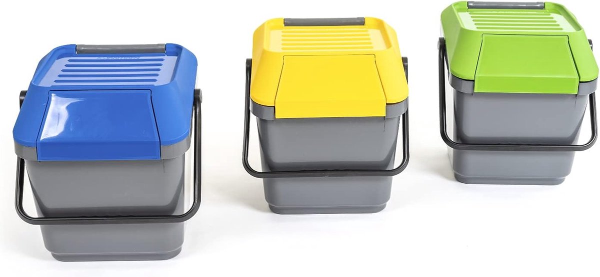 Goedkoopste Ruimtebesparende stapelbare afvalemmer voor afvalscheiding, 35 liter, 3 stuks (grijs met gele blauwe en groene deksels