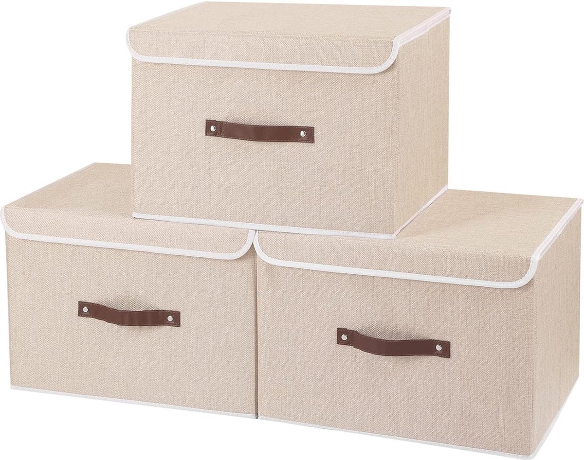 Opbergdozen met deksel 3 stuks - opvouwbare opbergbak met handvat - 45x30x30cm beige