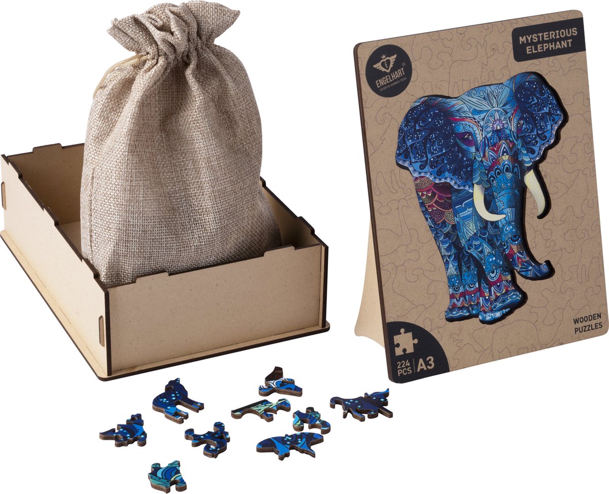 Houten Puzzel Olifant – 244 Unieke Puzzelstukjes – A3 Formaat Grote Houten Legpuzzel – Dieren Puzzelspel – Uitdagend Denkspel – Inclusief Opbergetui – Engelhart — afbeelding 10