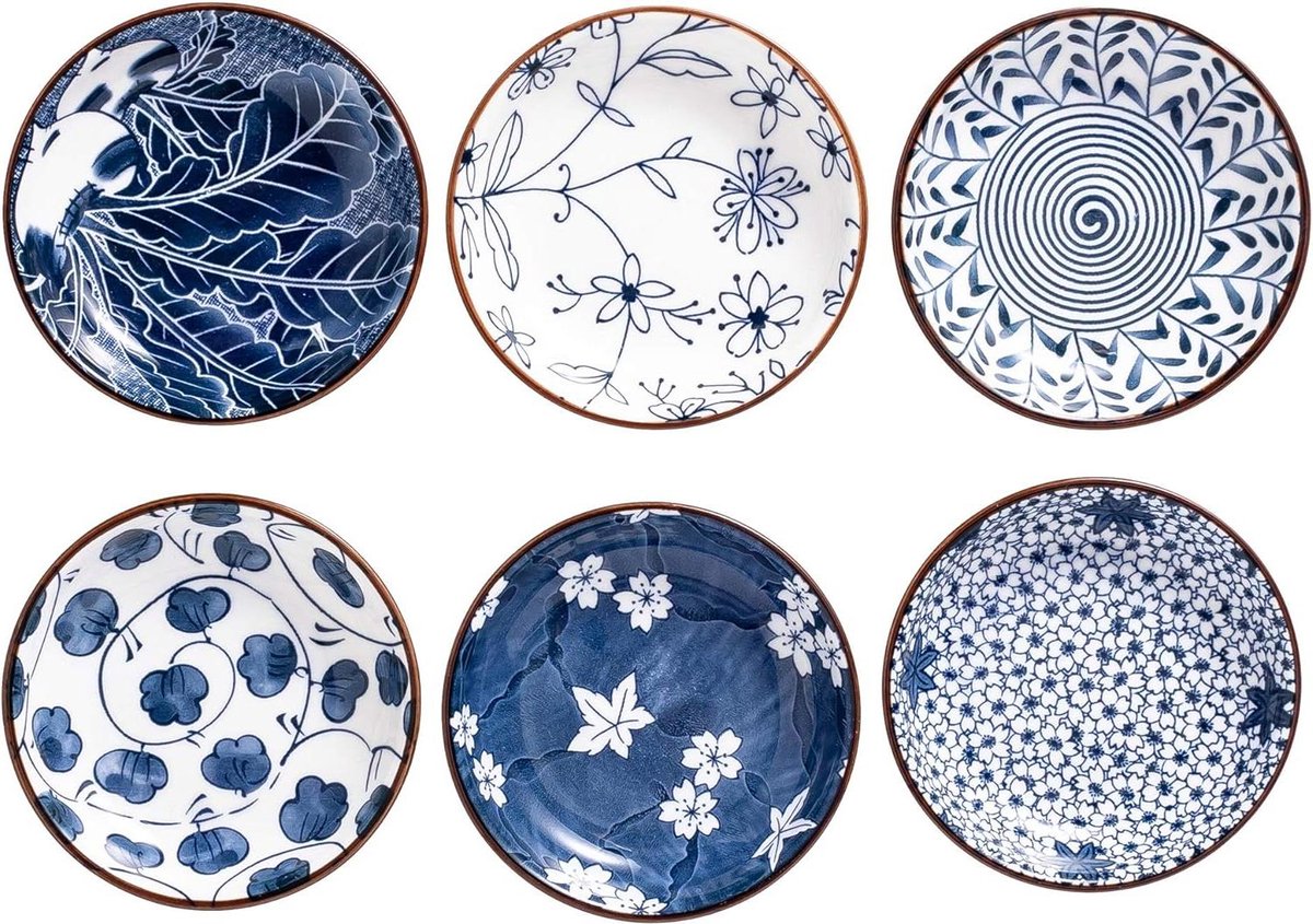 4-inch Japanse stijl keramische dompelkommen voor sushi set van 6 blauw en wit