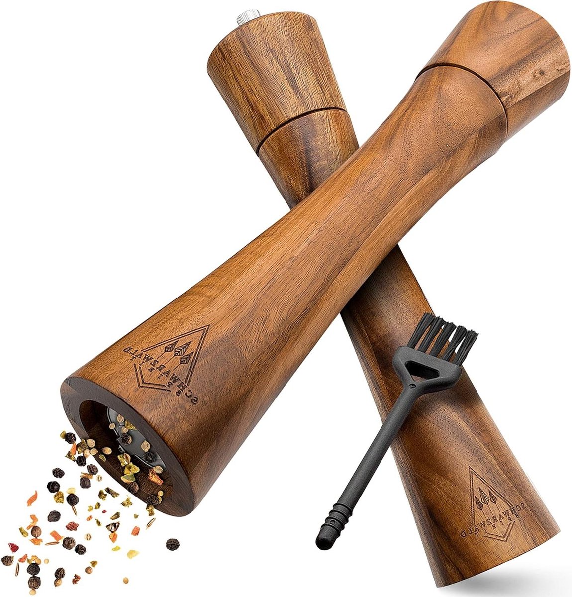 Grote houten zout- en pepermolen (25 cm) set van 2 inclusief peper en zoutmolen kruidenmolen met keramisch maalwerk en reinigingskwast receptenboek keukenhulp cadeau-idee