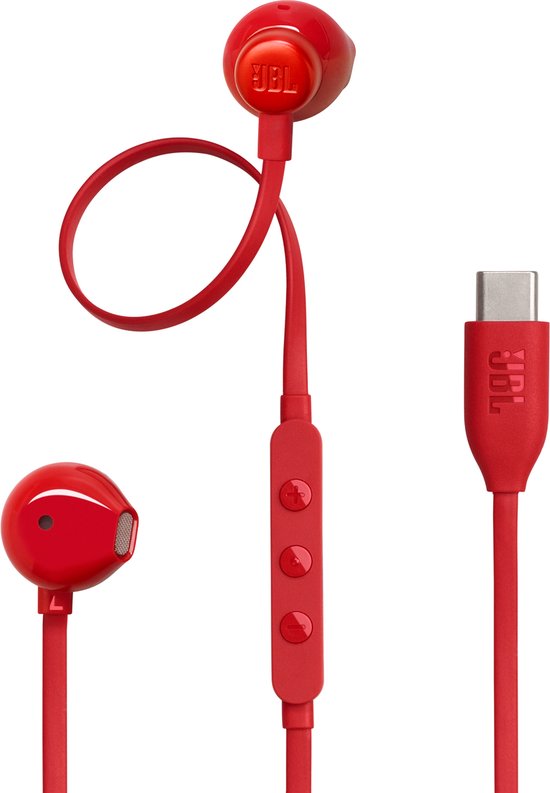 JBL Tune 305C - USB-C Oordopjes voor iPhone 15, 16 & 17 - Bedrade In-ear met Microfoon - Oortjes Bedraad - JBL Pure Bass Sound - Android & Laptop - Rood