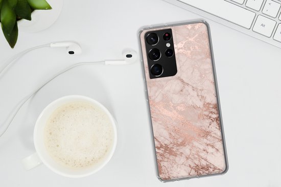 Coque de téléphone compatible avec Samsung Galaxy S21 Ultra - Motif marbre - Rose - Luxe - Aspect marbre - Glitter - Design - Siliconen Coque de téléphone Coque de téléphone