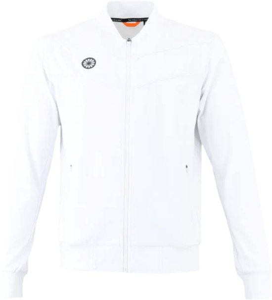 Witte trainingsjas met witte chevron-accenten en logo op de borst. Ritssluiting en zakken met rits.