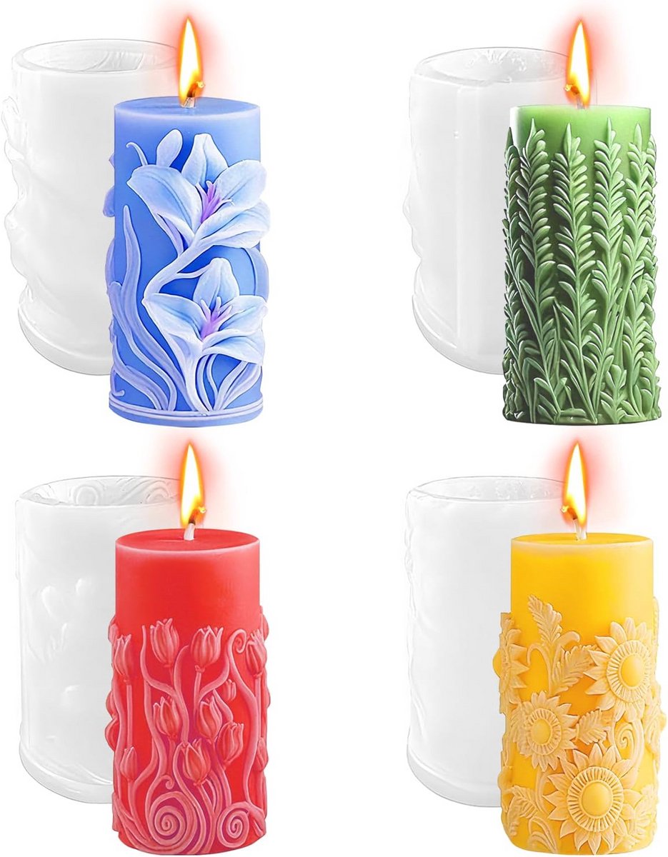 Set van 4 Siliconen Kaarsvormen voor 3D Bloemvormen - DIY Kaarsgieten voor Kerst en Feestelijke Gelegenheden