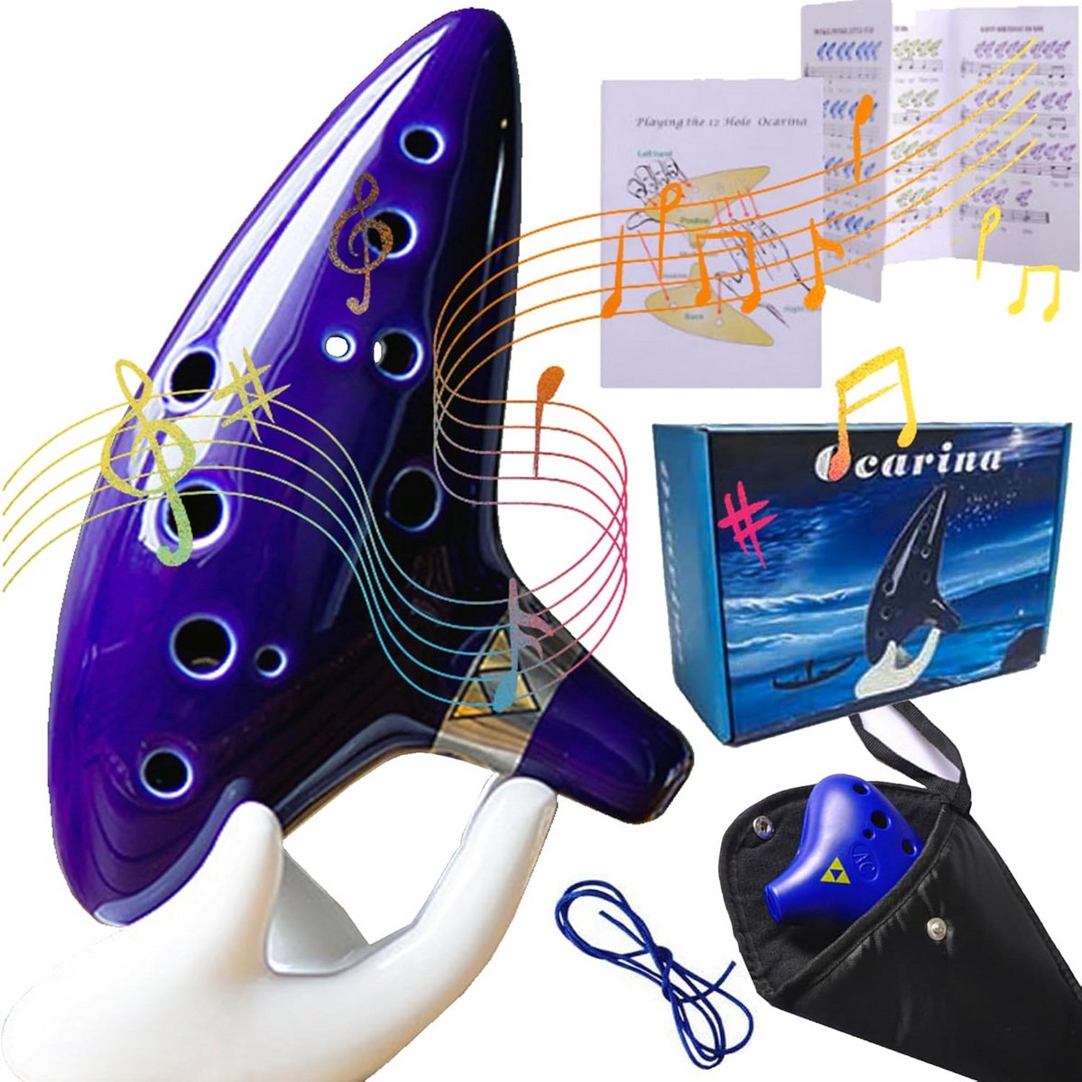 12-gatige Ocarina Alto C in Blauw - Keramische Fluit met Displaystandaard, Beschermhoes, Nekriem en Liedboek - Ideale Beginner Muziekinstrumenten voor Reizen en Thuisgebruik