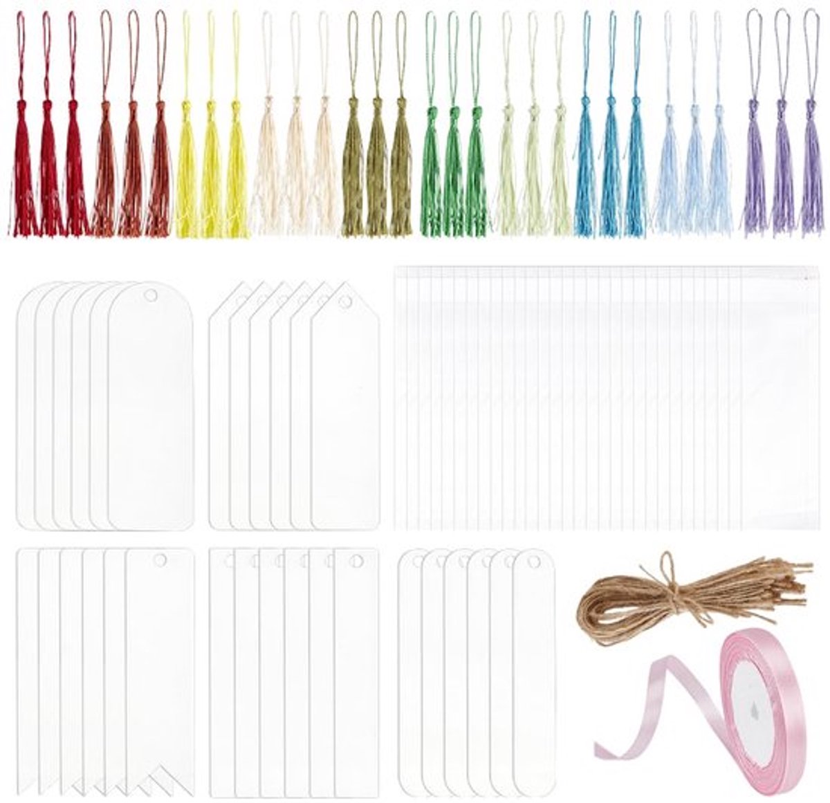 30-delige Acryl Bladwijzers Set - Blanco met Kwastjes en Linten, 5 Stijlen voor Creatieve Projecten