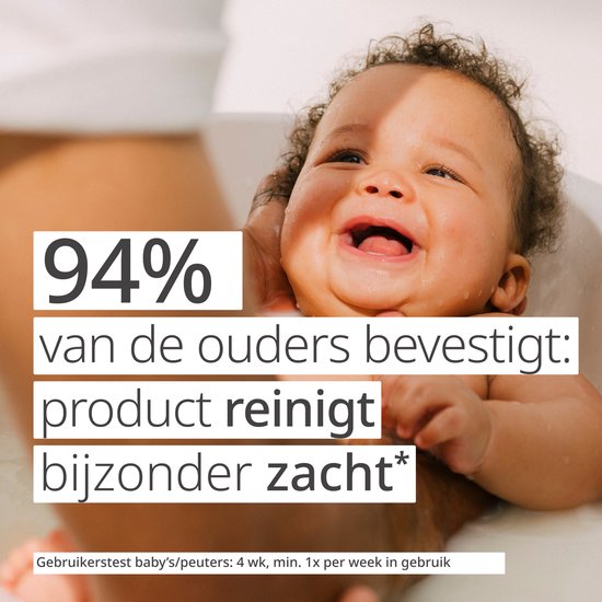 Baby met water spat op het gezicht. Tekst: 94% van de ouders bevestigt: product reinigt bijzonder zacht.