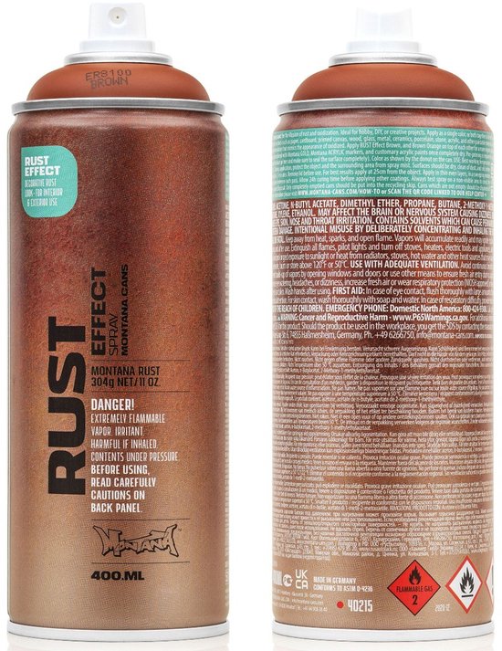 Deux bombes aérosols, l'une avec le texte et l'autre le dos, toutes deux dans une couleur rouille brune.