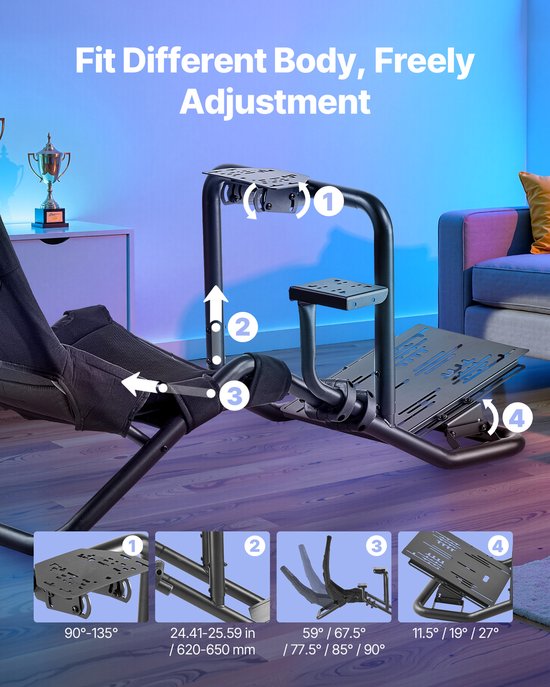Verstelbare Racestuurstandaard, Stevige Simulator Cockpitstuurstandaard, Compatibel met Logitech G25, G27, G29, G920, G923, Thrustmaster T300rs, TX F458, T500rs, T3pa-Pro (F1/GT) en Csr-Pedalen, Zwart van Merkloos — afbeelding 3