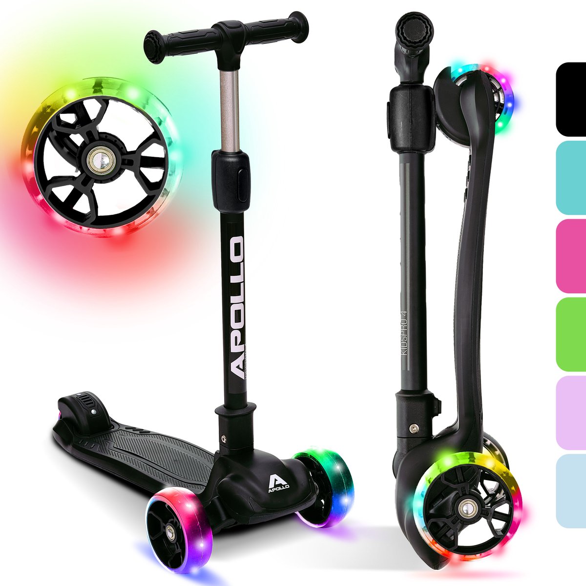 Apollo KidsPro 4 Kinderstep Opvouwbare Step in Hoogte Verstelbare Driewielige Step Led-scooter voor Kinderen vanaf 3 Jaar Led-Wielen voor Jongens en Meisjes