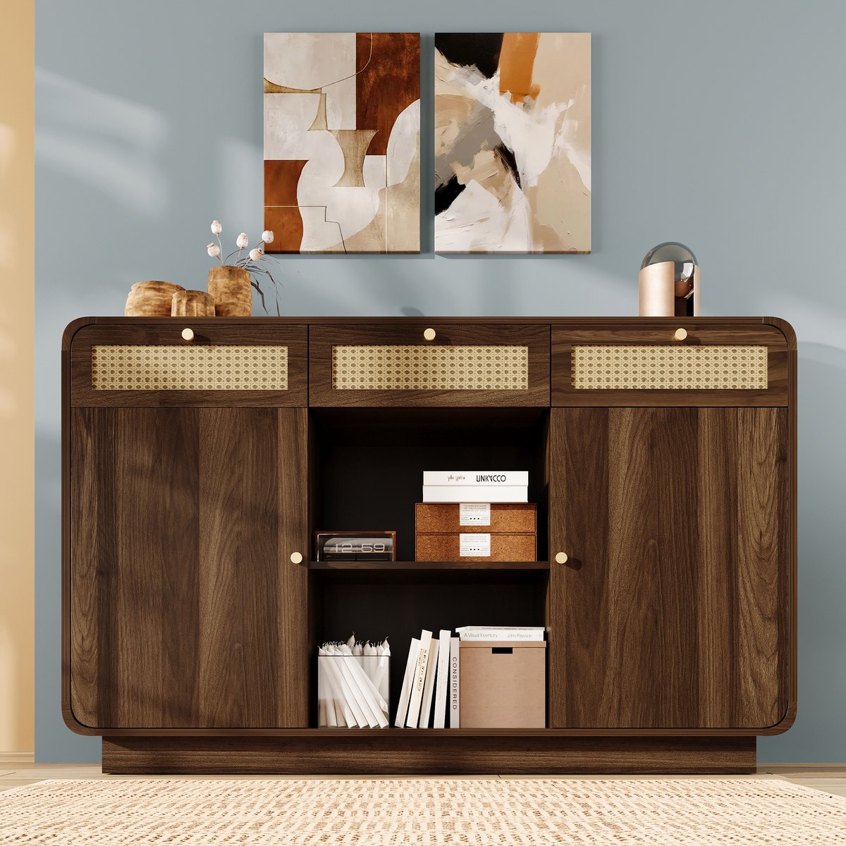 MODFU Opbergkast 120x40x85 cm van MDF en spaanplaat, met laden, deuren en open vak, walnoot