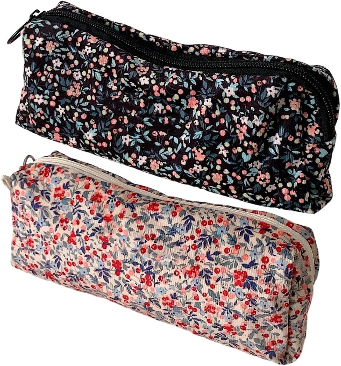 Famanu – Set van 2 ribfluweel etuis met bloemenborduursel, make-up en schoolorganizers