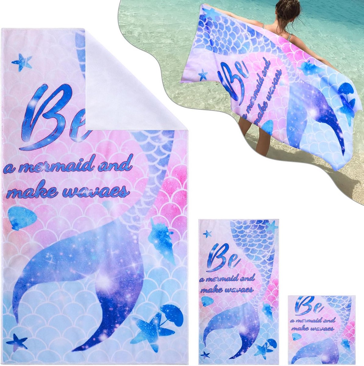 Set van 3 zandvrije strandhanddoeken voor kinderen - zeemeermin ontwerp, 152 x 76 cm