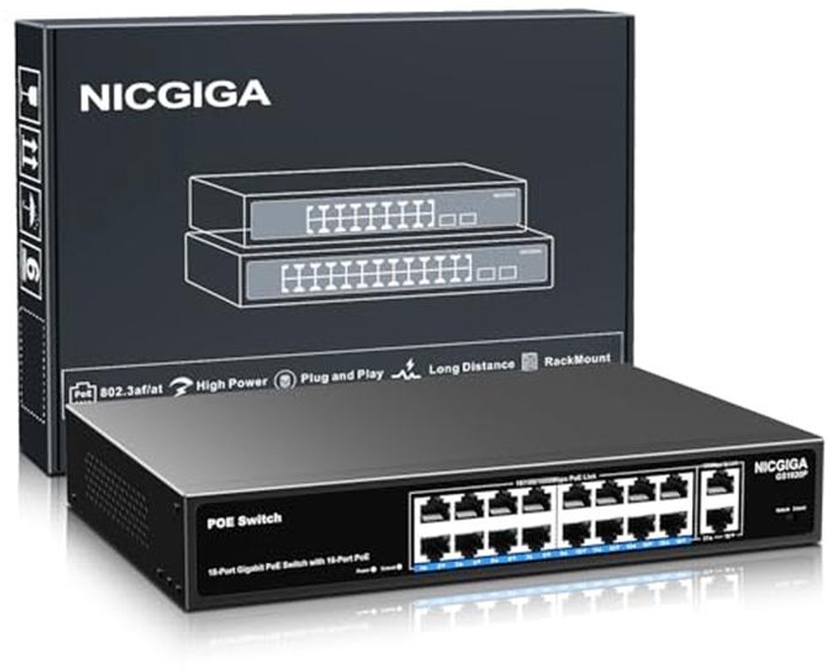 16-Port Gigabit PoE Switch met 250W PoE+ en 2 Uplink Poorten