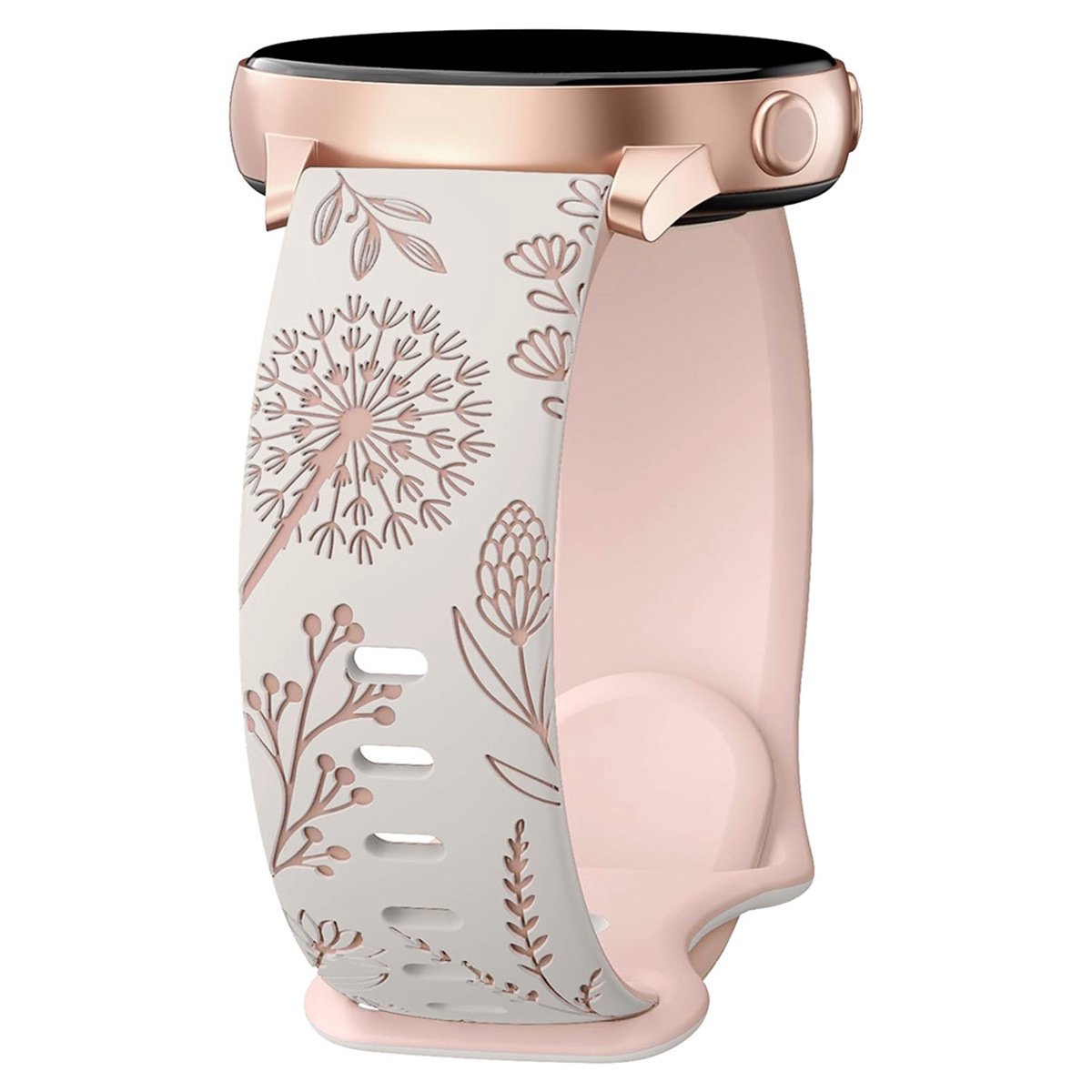 Universele horlogeband van 20 mm met lasergegraveerd paardenbloemmotief en achtvormige kliksluiting, geschikt voor Samsung en Huawei horloges.