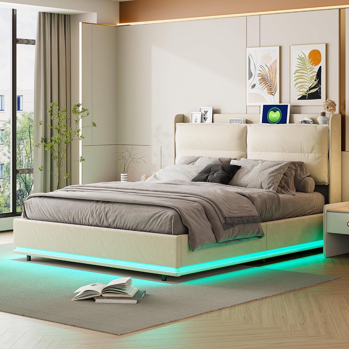 Gestoffeerd Tweepersoonsbed 140x200 cm met Opbergruimte en USB-opladen