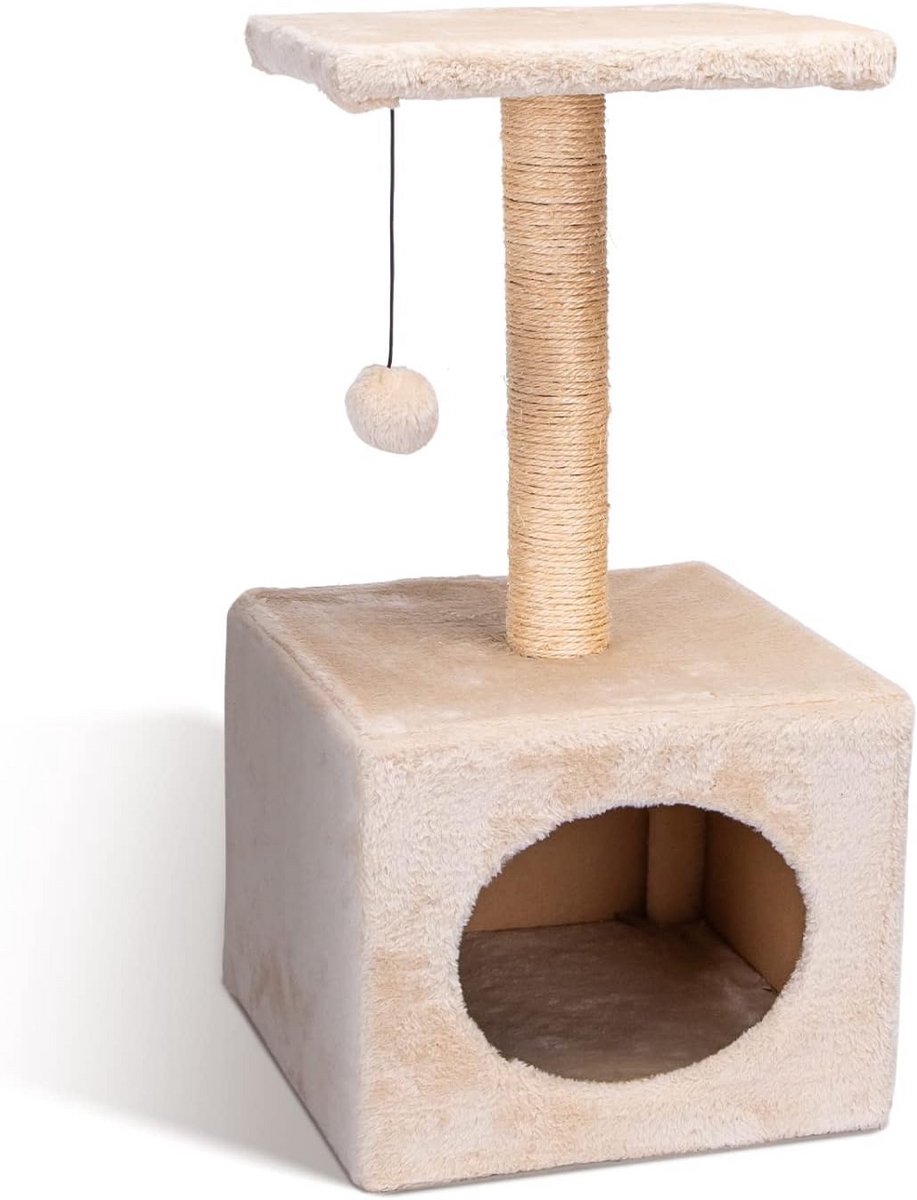 Krabpaal Huisje en Klimpaal voor Katten - Beige Multifunctioneel Kattenspeelgoed