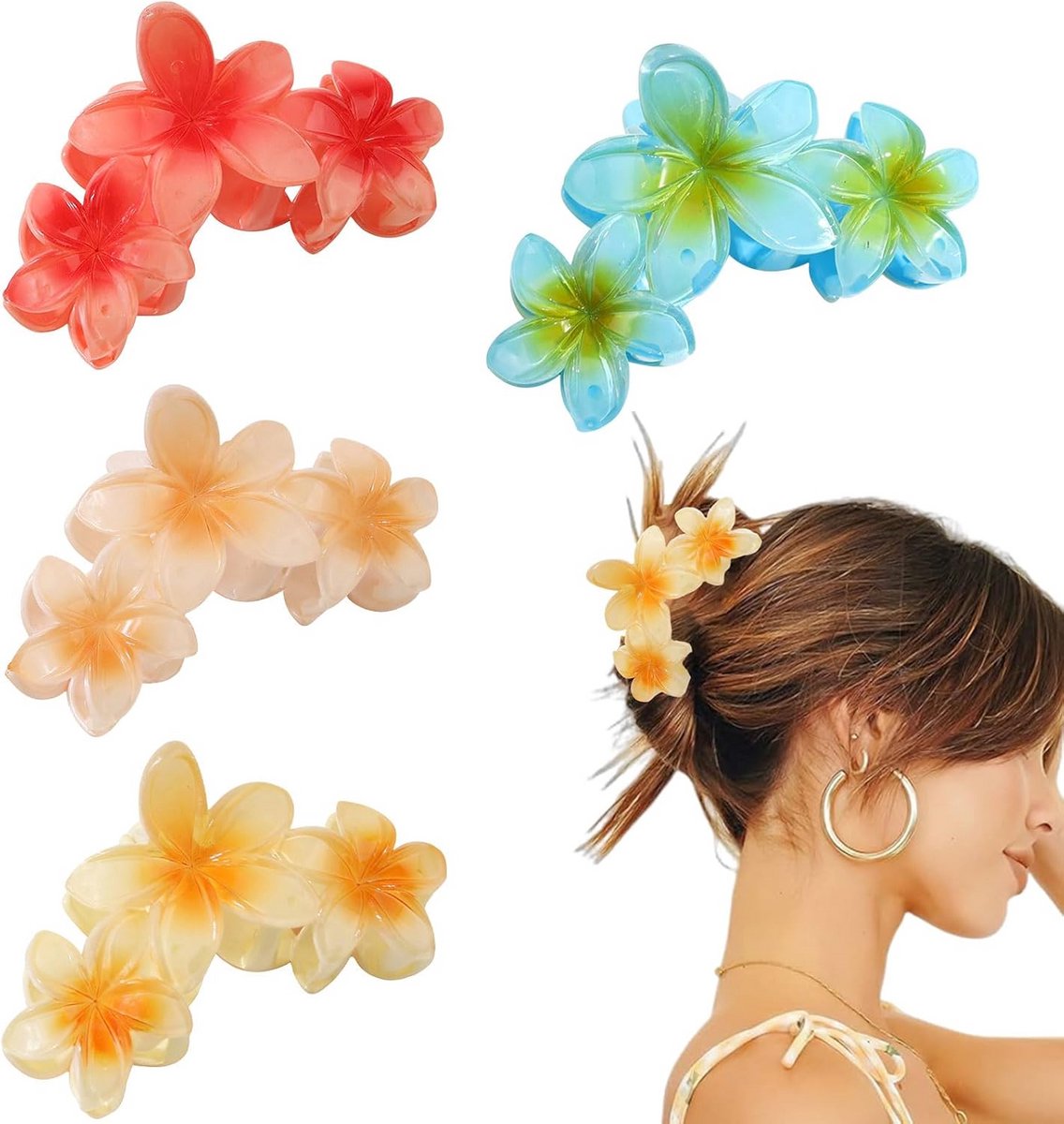 Set van 4 Grote Haarspelden met Kleurrijke Bloemen voor Dames