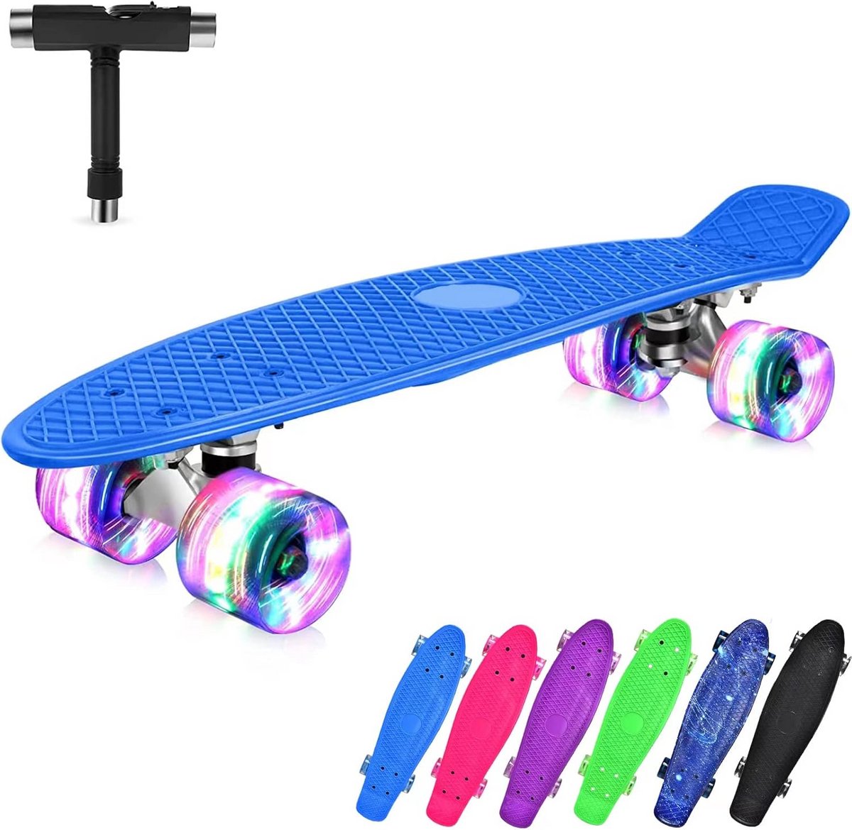 Mini Cruiser Skateboard met LED Lichtwielen Compleet Skatebord voor Kinderen en Volwassenen Blauw