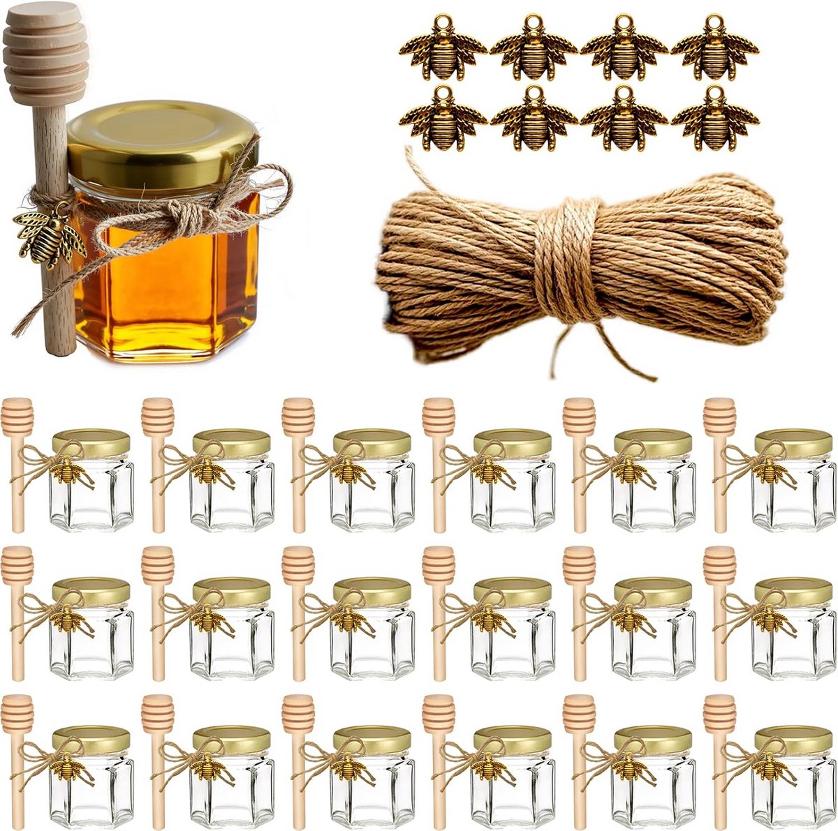 Zeshoekige Mini Honingpotjes met Lepels en Bedels - 20 Stuks