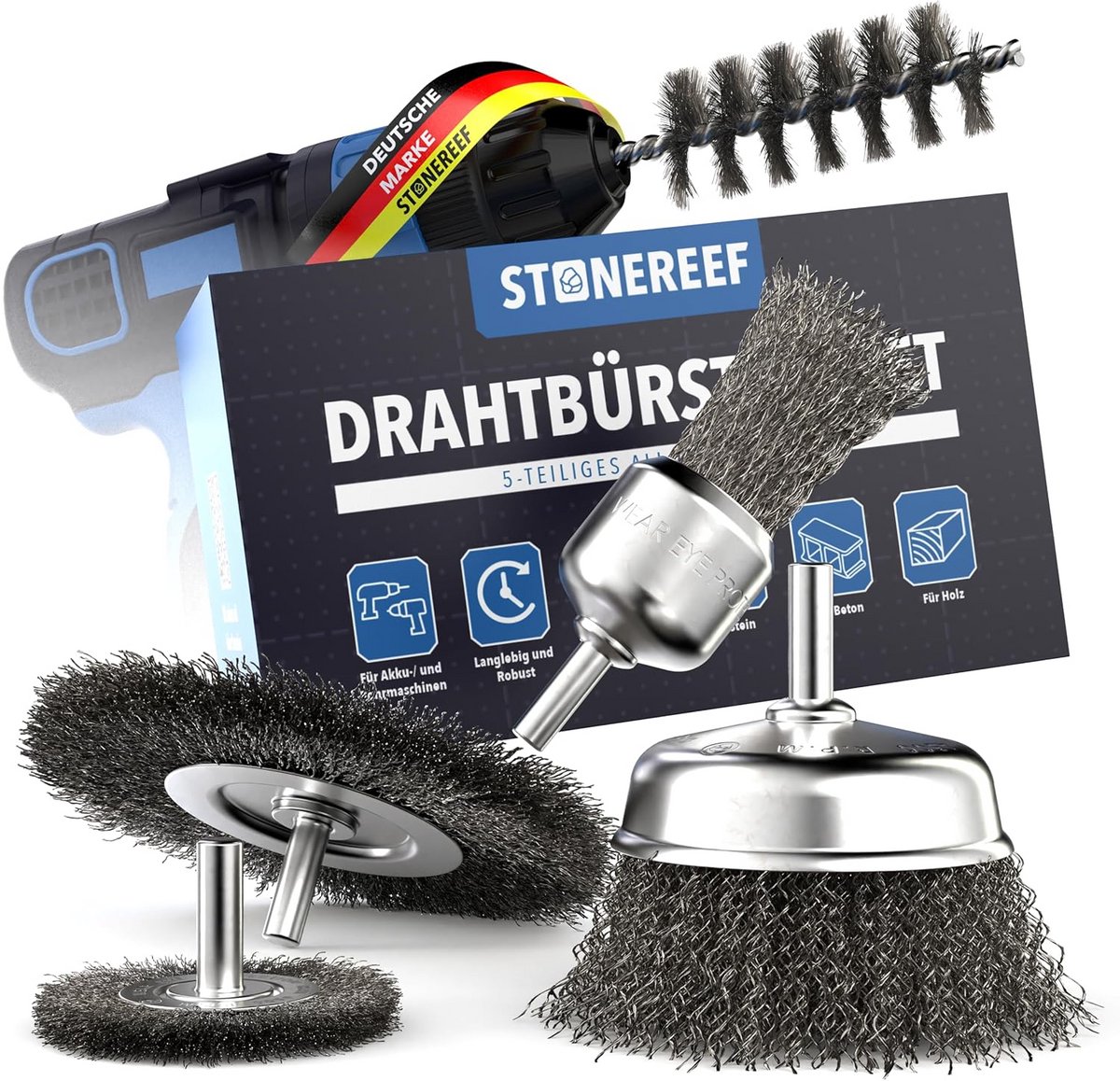 Set van 5 Draadborstels met Ronde Schacht voor Boormachine en Schroevendraaier