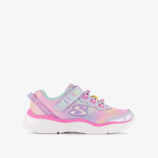 Roze en pastelkleurige Skechers sneaker met glitter, regenboogprint en klittenbandsluiting.