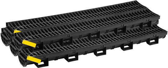 Système d'évacuation des eaux avec grille en plastique, caniveau d'évacuation HDPE 14,5 x 8 cm, évacuation d'eau de sol en plastique noir pour garage, 5x39 grilles d'évacuation avec 5 capuchons d'extrémité, adapté au jardin et à l'allée - 5 pièces