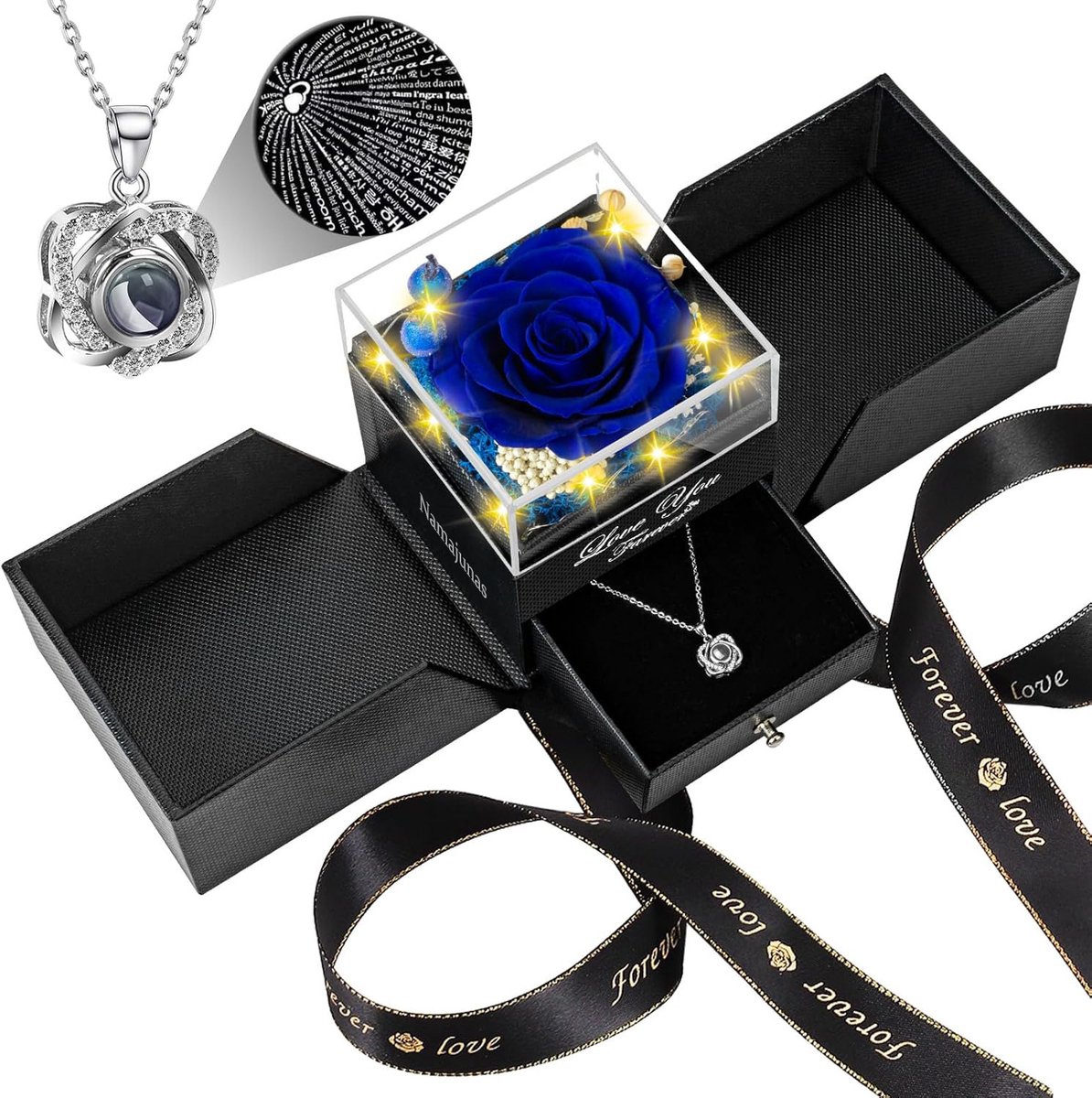 Namajunas - Roses of Eternity - Roos met Hartjes Ketting en Hanger in Sierradendoos - Luxe Geschenkdoos – Romantisch Juwelendoos Cadeau voor Vrouw, Vriendin of Moeder – Kerstcadeau, Valentijn, Verjaardag, Jubileum & Moederdag
