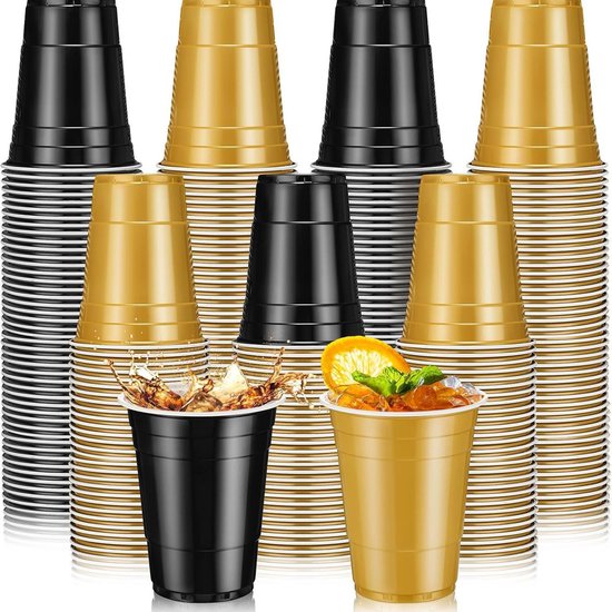 Somstyle Plastic Bekers - 50 Stuks - Party Cups 500 ML - Wegwerp Bekers - Beer Pong Set - Goud & Zwart