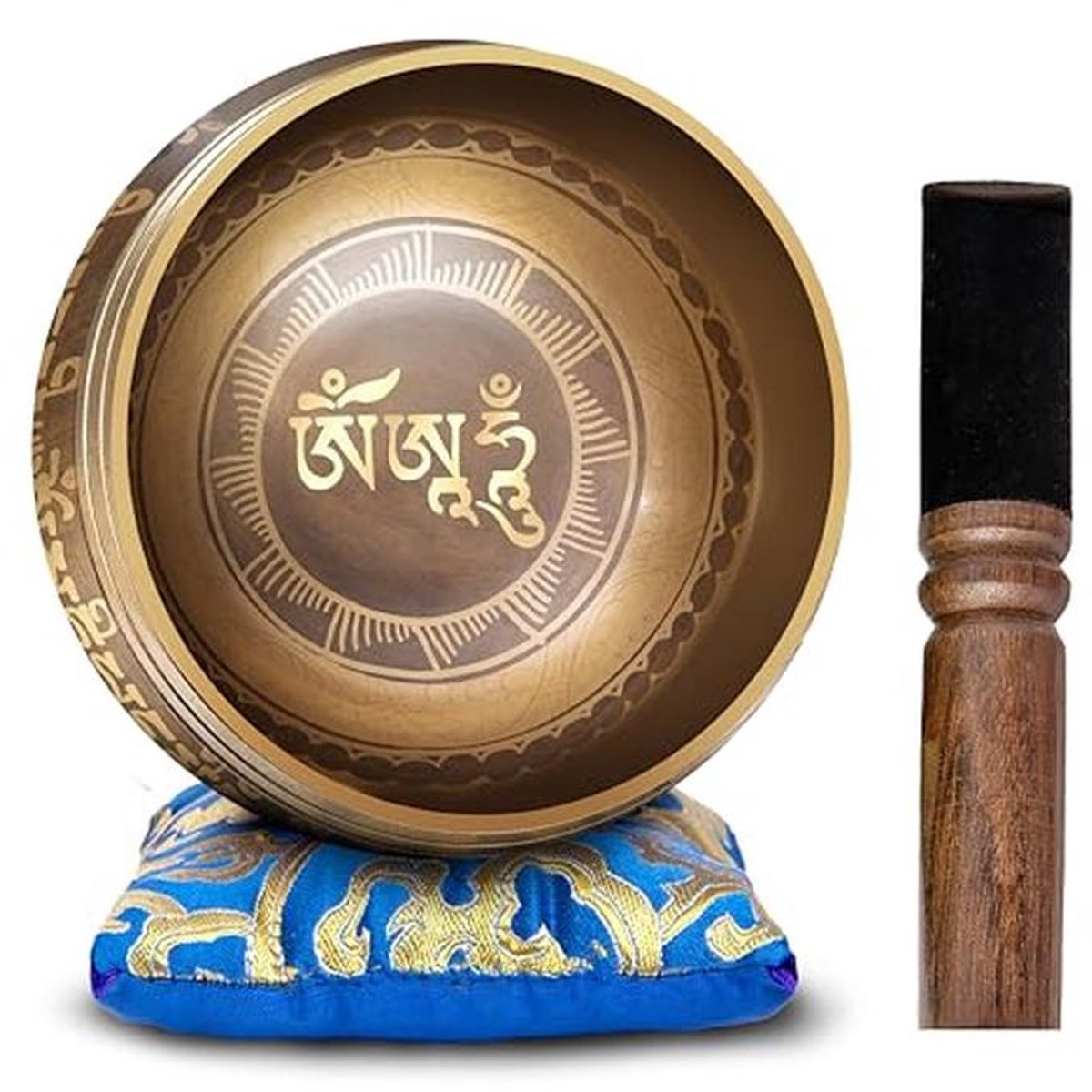 Tibetaanse klankschaalset - gemakkelijk te spelen authentiek, handgemaakt voor meditatie, geluid, chakra yoga genezing 10,5 cm door Himalaya Bazaar (bruin en blauw)