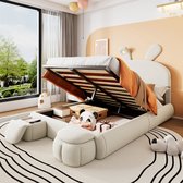 MODFU Luxe Twijfelaar Kinderbed met Opbergruimte (140x200) - Fluwelen Konijnenbed met LED & 2 Poefs - Beige