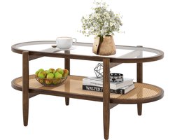COSTWAY Salontafel, bijzettafel met glazen tafelblad en rotan plank, woonkamertafel met houten poten en houten frame, koffietafel voor woonkamer, kantoor, 102 x 56 x 47 cm